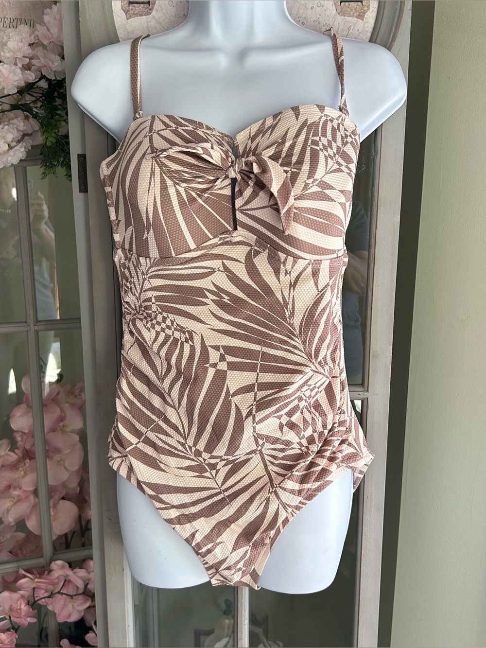 Kona Sol Beige and Brown Tropical Tie-Front One-Piece Swimsuit